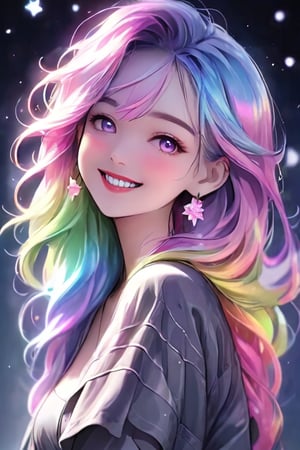 very dark nightly closeup of a hot beautiful anime girl smiling, in japan, pastel rainbow hair, ambient light, realistic textures, clear shadows, sparkling, glistening, fantastical