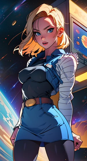masterpiece, ultra realistic, 8K, Android_18_DB, cute face, detail face, denim skirt, pantyhose, face focus, arms behind back bound, shibari, blond hair, i(nside space station scene in outer space),  dark window with stars and galaxy, cowboy shot, sexy pose,  medium_breast_bondage