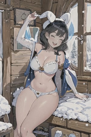 Real Girl Snow White is in her traditional fairy tale costume in the dwarfs' cabin but she is in her underwear.