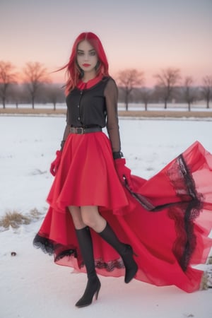 chica con lenceria roja en la pradera con pechos enormes,mostrar los pies con tacones altos, cabello negro de cola de caballo, dia  atardecer nevando