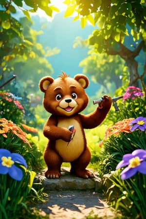 a lush garden, cute cartoon bears, a battle scene, vibrant colors, 3d rendering, volumetric lighting, dynamic composition, highly detailed, intricate background, playful and whimsical atmosphere, (best quality,4k,8k,highres,masterpiece:1.2),ultra-detailed,(realistic,photorealistic,photo-realistic:1.37),fantasy,concept art