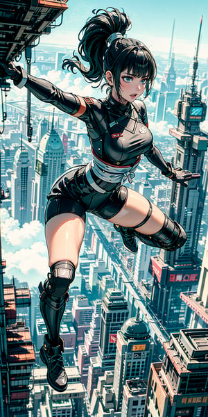 In the backdrop of Japan's Edo period, a female ninja from Iga, known for her mastery of stealth and combat, leaps through the air with a dagger in hand, her gaze icy and determined.

Dressed in a sleek black shinobi shozoku, her figure blends seamlessly with the night, allowing her to move undetected through the shadows. The form-fitting garment accentuates her agility and grants her the freedom of movement essential to her lethal craft.

With a swift and powerful bound, she defies gravity, soaring through the air with astonishing grace. Her nimble frame twists and turns, evading any potential threats or obstacles that may lie in her path. Each movement is executed with calculated precision, a testament to the countless hours she has dedicated to honing her acrobatic skills.

Her cold, piercing gaze reflects her unwavering focus and determination. It is a gaze that has seen both triumph and tribulation, and one that has learned to navigate the treacherous world of espionage and combat with unwavering resolve.

In her hand, she wields a deadly dagger, its blade gleaming with a lethal edge. The weapon is an extension of herself, a tool honed to perfection for close-quarters combat. With every leap and twist, she remains ready to strike with lethal accuracy, her training and experience ensuring that each strike is swift and fatal.

As she dances through the air, her movements reveal a mastery of both physical prowess and mental fortitude. She is a symbol of the unwavering spirit and indomitable will that define the ninja of the Edo period.

In this frozen moment, the female ninja from Iga encapsulates the enigmatic allure and deadly skill of her profession. Her cold, resolute gaze and graceful movements serve as a testament to her unwavering dedication to her craft and the indelible mark she leaves on the annals of history.