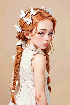 (masterpiece, best quality, ultra-detailed, 8K), braided hair, butterfly_hair_ornament, white dress, 1 girl, children