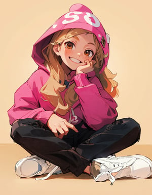 (best quality, masterpiece), 1girl, kid, pink hoodie, smiling face, hand on chin, sitting, black trousers, blond hair, long hair, brown eyes, white shoes  