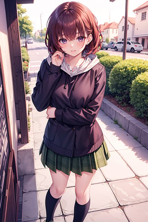 (red_brown)hair , short cut hair,   1girl,  purple_eyes , ,masterpiece,  , blushing, ,best quality,   ,     messy_hair,  
best quality,  ,incredibly absurdres,    ,high detail eyes,  winter, , looking_pleased, pleasured_expression, green_skirt, ribbed_sweater,  black_kneehighs, shoes, purpleeyes, standing