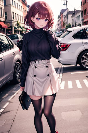 (red_brown)hair , short cut hair,   1girl,  purple_eyes , ,masterpiece,  , blushing, ,best quality,   ,     messy_hair,  
best quality,  ,incredibly absurdres,    ,high detail eyes,  winter, , looking_pleased, pleasured_expression, green_skirt, ribbed_sweater,  black_kneehighs, shoes, purpleeyes, standing