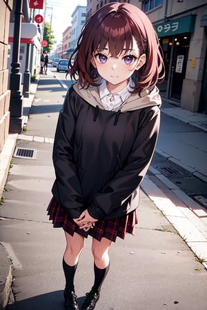 red brown hair, short cut hair,   1girl,  purple_eyes , ,masterpiece,  , blushing, ,best quality,   ,     messy_hair,  pouting, messy_clothes, 
best quality,  ,incredibly absurdres,    ,high detail eyes,  winter, disheveled_clothes, looking_pleased, smug, pleasured_expression, green(half length skirt), ribbed_sweater, black_socks, shoes, full_body, standing, different view, different angle, purpleeyes, light_purple_eyes