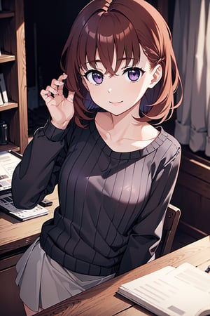 (Masterpiece,  Best Picture Quality,  Best Picture Quality Score: 1.3),  (Sharpest Picture Quality),  Perfect Beautiful Woman: 1.5,  red brown hair, short cbut hair,   1girl,purple eyes ,  grey ribbed_sweater, smile, black long_skirt, eye_half_opened


