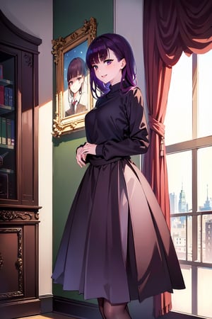 (masterpiece, Best  Quality,  High Quality,  Best Picture Quality Score: 1.3),  (Sharp Picture Quality),  Perfect Beauty: 1.5,dark purple Hair,long hair    One,  Beautiful Girl,Cute,long Skirt,Very Beautiful View, beauty_mark, stockings, Hazuki, legs,   1girl. , smile,  masterpiece,  bedroom, ,masterpiece, side view composition, boyfriend_sweater,