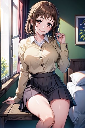 (masterpiece, Best  Quality,  High Quality,  Best Picture Quality Score: 1.3),  (Sharp Picture Quality),  Perfect Beauty: 1.5,brown hair,short hair,  (School Uniform),  One,  Beautiful Girl,mini Skirt, Very Beautiful View,pleated skirt ,Fluttering Skirt, (Most fantastic view) ,best smile, bedroom ,vFront angle, thin legs, viewed_from_side