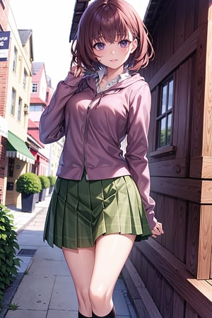 (red_brown)hair , short cut hair,   1girl,  purple_eyes , ,masterpiece,  , blushing, ,best quality,   ,     messy_hair,  
best quality,  ,incredibly absurdres,    ,high detail eyes,  winter, , looking_pleased, pleasured_expression, green_skirt,   black_kneehighs, shoes, purpleeyes, standing PINK_BRA,