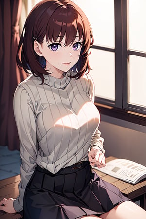 (Masterpiece,  Best Picture Quality,  Best Picture Quality Score: 1.3),  (Sharpest Picture Quality),  Perfect Beautiful Woman: 1.5,  red brown hair, short cbut hair,   1girl,purple eyes ,  grey ribbed_sweater, smile, black long_skirt, eye_half_opened


