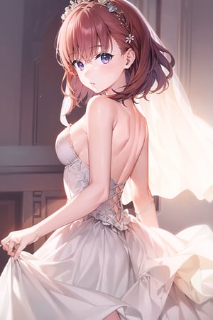 (Masterpiece,  Best Picture Quality,  Best Picture Quality Score: 1.3),  (Sharpest Picture Quality),  Perfect Beautiful Woman: 1.5,  red brown hair, short cbut hair,   1girl, purple eyes ,, ,masterpiece, wedding_dress, weddingdress, wedding dress from behind,