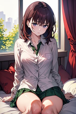 (Masterpiece,  Best Picture Quality,  Best Picture Quality Score: 1.3),  (Sharpest Picture Quality),  Perfect Beautiful Woman: 1.5,  red brown hair, short cbut hair,   1girl, purple eyes , school uniform  green_skirt, bedroom_eyes,  bra, morning_hair, messy_hair,  seducing_expression laying down on a bed,, half_dress