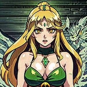 solo, 1woman, sorceress, 30 y.o, very long hair, blonde hair, yellow eyes, rounded face features, she wears a teardrop emerald amulet, her face is partially covered by green dragon scales, dangerous, erratic, 8k, high quality, newhorrorfantasy_style,<lora:659111690174031528:1.0>,<lora:659111690174031528:1.0>