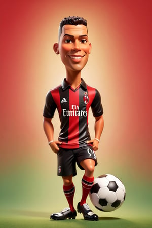 Caricature figure of Ronaldo Luís Nazário de Lima , head, legs, feet, wearing AC-Milan football club uniform, NO. 99, tango abstract background, high-res,Wonder of Art and Beauty,3DMM,3d style,Enhanced All,Pure Beauty