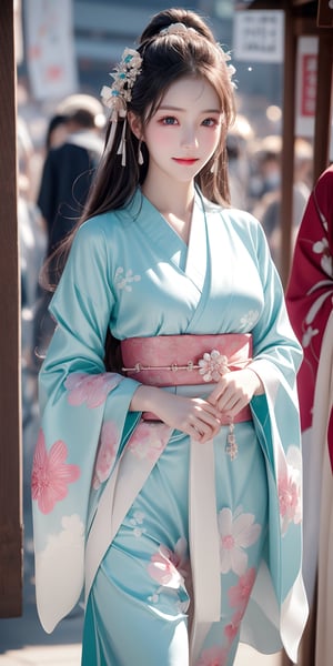 {{Beautiful and detailed eyes},
Detailed face, detailed eyes, slender face, real hands, cute Korean girlfriend 17 year old girl, perfect model body, looking at camera, sad smile, dynamic pose, furisode, kimono, shrine, hatsumode , medium breasts, cosmetics advertising model, her one girl is walking,
