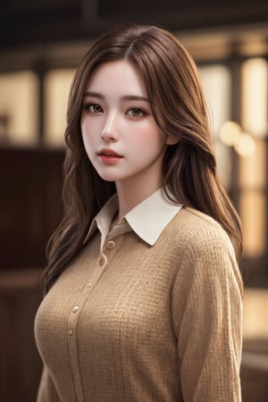 photorealistic, masterpiece, best quality, raw photo, 1girl, solo, long hair, brown hair, detailed face, alluring face, collared shirt, medium breasts, dynamic pose, looking at viewer, detailed background, fine detailed, intricate detail,  ray tracing, depth of field, low key, hdr