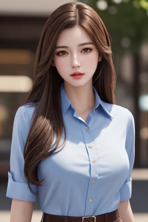 photorealistic, masterpiece, best quality, raw photo, 1girl, solo, long hair, brown hair, detailed face, alluring face, collared shirt, medium breasts, dynamic pose, looking at viewer, detailed background, fine detailed, intricate detail,  ray tracing, depth of field, low key, hdr