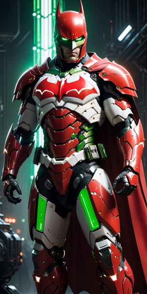 Visualize a movie still featuring a hi-tech cybernetic red-white-green knight adorned in a robotic BATMAN-style armor suit. Challenge artists to integrate hi-tech glowing biometrical elements and lightning charge effects, sculpting a visually striking masterpiece. Highlight the meticulous design of the hi-tech suit, complete with macular body armor. Frame the scene against a perfect background that seamlessly merges fantasy and superpower aesthetics, inviting artists to delve into the captivating fusion of technology and design in this cinematic image.",more detail XL
