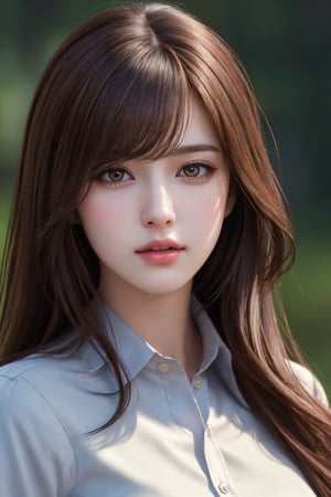 photorealistic, masterpiece, best quality, raw photo, 1girl, solo, long hair, brown hair, detailed face, alluring face, collared shirt, medium breasts, dynamic pose, looking at viewer, detailed background, fine detailed, intricate detail,  ray tracing, depth of field, low key, hdr