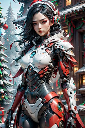 extreme detailed ,a  red white lighting translucent phantom made of smoke, 1  girl,black hair, frostracetech,more detail XL,cyborg style, (Christmas theme, Christmas tree)