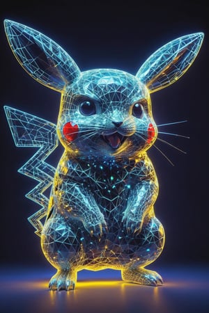 Extreme detailed, Realistic, hologram neon images of neon light (Pikachu) neon art, cute, photorealistic with high details and fantasy unique effects, ,neon photography style,3D Mesh,
