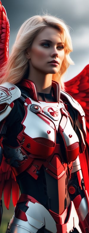 Blonde haired angel standing on a battle field ,red cyborg style