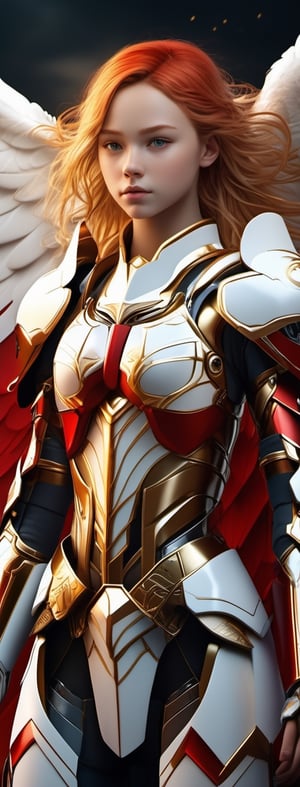 a angel standing on a battle field ,15 yo girl's face, white wings,((red armor)), golden hair, Whole body glows, cyborg style