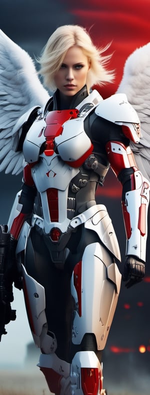 Blonde haired angel standing on a battle field ,red cyborg style