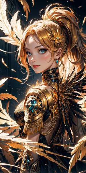 acid lighting, from below, hyperdetailed, hyper realistic, epic action full body portrait Incredible beautiful of Firebird girl with the merger between gold and fire, hypnotic opinion, fractal hair and feathers, detailed face, inquisitive soul,inspiration , gold colors, upper body,intricate detailing, surrealism, fractal details, enigmatic flirty smile, view from back, dressed in complex chaotic diamond outfit, artificial nightmares style, reflective eyes, detailed eyes, detailed art deco ornamentation, 32k,
