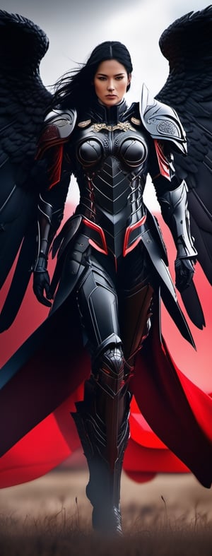 Black haired angel standing on a battle field ,red armor, cyborg style