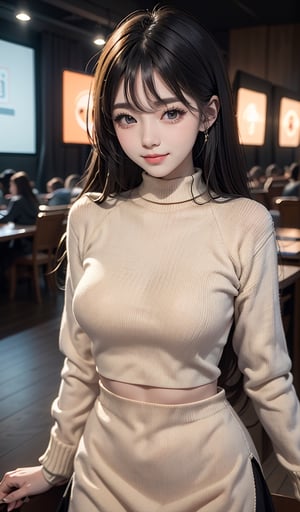 portrait of a extremely stunnig pretty and beautiful woman, ((Beige top)) , ((black long skirt)), Japanese German, Indian Beauty, wearing a orange highneck long_sleeve knit sweater (orange), skin tight knit sweater and skiny jeans, perfect face, K-pop girl loli face, perfect eyes, black straight long hair, hime-cut bangs, HD details, high details, sharp focus, studio photo, HD makeup, shimmery makeup, celebrity makeup, ((centered image)), (HD render)Studio portrait, magic, magical, fantasy, gaming at e-sports venue:1.3), inside, light grin smile, Extremely Realistic, arms down, top nagle, face focus, face close up, 