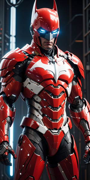 Visualize a movie still featuring a hi-tech cybernetic red-white knight adorned in a robotic BATMAN-style armor suit. Challenge artists to integrate hi-tech glowing biometrical elements and lightning charge effects, sculpting a visually striking masterpiece. Highlight the meticulous design of the hi-tech suit, complete with macular body armor. Frame the scene against a perfect background that seamlessly merges fantasy and superpower aesthetics, inviting artists to delve into the captivating fusion of technology and design in this cinematic image.",more detail XL
