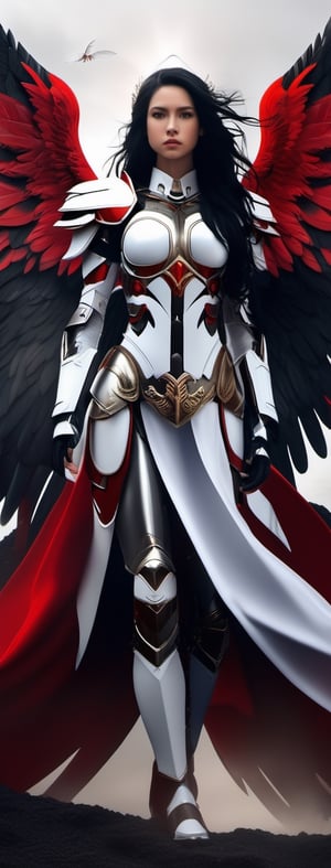 a angel standing on a battle field ,15 yo girl's face, white wings,red armor, black hair, cyborg style
