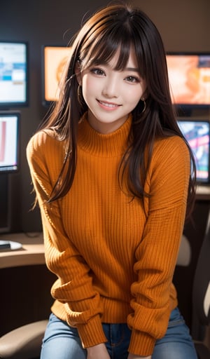 portrait of a extremely stunnig pretty and beautiful woman, Japanese German, Indian Beauty, wearing a orange highneck long_sleeve knit sweater (orange), skin tight knit sweater and skiny jeans, perfect face, K-pop girl loli face, perfect eyes, black straight long hair, hime-cut bangs, HD details, high details, sharp focus, studio photo, HD makeup, shimmery makeup, celebrity makeup, ((centered image)), (HD render)Studio portrait, magic, magical, fantasy, gaming at e-sports venue:1.3), inside, light grin smile, Extremely Realistic, arms down, top nagle, face focus, face close up, 