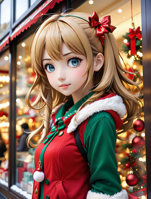 ((anime)), beautiful girl window shopping, Christmas setting, dynamic angle, depth of field, detail XL,