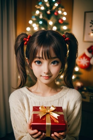 25 year old girl, warm room, Christmas decorations, deep photo, depth of field, Superia 400, shadows, Japanese girl, ((bangs)), twin tails, perfect face and body, dark, night, dark photo, grainy, ((happy, smiling: 1.4)), detailed eyes, symmetrical eyes, ((very young)), leaky boobs, FilmGirl, (winter clothes: 1.4)), small boobs, skinny body, cutegirlmix, Christmas tree, Young look, unique masterpiece, ((with gift box: 1.4)), 3d cartoon style