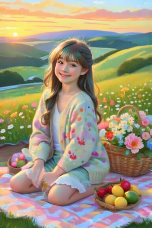 A young girl in a soft, pastel-colored cardigan, with a delicate, floral pattern, sitting on a checkered picnic blanket, surrounded by wicker baskets, fresh fruit, and a bouquet of wildflowers, with a warm, golden sunset in the background
