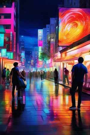 Prompt: A street artist, painting on a large canvas, under the glow of neon lights, the street bustling with people, some stopping to watch, the colors on the canvas vibrant, blending with the lights of the city, creating a dynamic, lively, yet intimate, artistic moment.,
