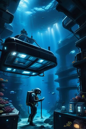 Prompt: A diver in a high-tech submersible, illuminated only by the soft glow of bioluminescent marine life, collects samples amidst an eerie, alien-like landscape. A futuristic device hums softly as it gathers data on the seafloor, where towering underwater structures loom in the darkness. The subject's modern diving suit and equipment gleam against the dark blue water, while strange creatures and glowing organisms add to the otherworldly ambiance of this deep-sea exploration.,
