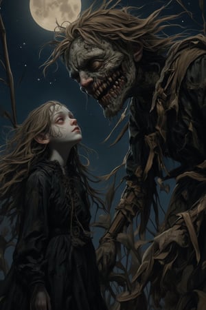 An eerie, moonlit scene of a girl with long, flowing hair and a tattered black dress standing by an old, decaying scarecrow. The scarecrow looms over her with a cracked, terrifying smile, its body sewn together from old clothes and dried corn husks. The girl gazes up at the scarecrow with hollow eyes, as if entranced. The night sky is full of stars, casting an ethereal glow over the unsettling scene.