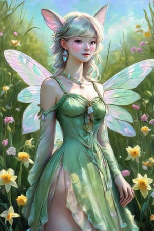 illustration of a female character with fairy-like attributes. She has pale skin and is adorned with delicate wings on her back, suggesting a connection to nature or fantasy themes. Her attire is a form-fitting, sleeveless green dress that complements the floral background, which consists of daffodils and other flowers in various shades of yellow and pink. The overall impression is one of grace and elegance, with a soft color palette that evokes a sense of serenity.,Claude Monet,pastel brushstrokes,Coquette aesthetic