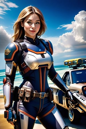 1girl, solo, long hair, looking at viewer, blonde hair, brown hair, gloves, holding, standing, weapon, braid, outdoors, sky, belt, cloud, fingerless gloves, holding weapon, armor, lips, gun, bodysuit, cloudy sky, ground vehicle, shoulder armor, holding gun, motor vehicle, handgun, breastplate, realistic, car,futuristic underwater