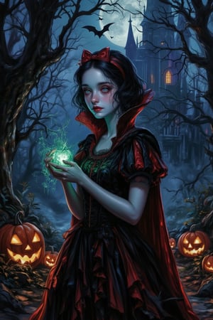 A dark, eerie Halloween version of Snow White: her iconic dress transformed into a gothic black and deep red gown, with tattered edges. She stands in a haunted forest, surrounded by twisted, gnarled trees. Her skin pale as moonlight, holding a poisoned apple glowing with a ghostly green aura. The Evil Queen's castle looms in the background, shrouded in mist. Snow White's eyes glow faintly, with a subtle hint of wickedness. Bats flutter overhead, and jack-o'-lanterns light the path with flickering, eerie smiles