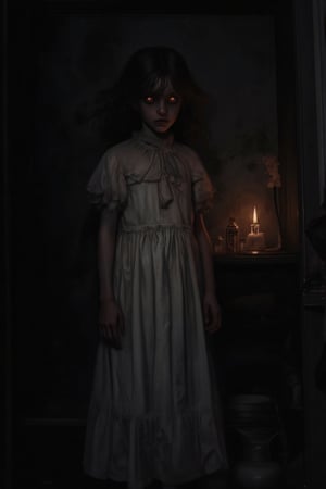 A dimly lit room with a single flickering candle, casting long shadows on the walls. A young girl in a flowing, old-fashioned white dress stands motionless, her face partially obscured in darkness. The candlelight dances eerily on her pale skin, and her eyes seem to glow faintly with an unsettling, otherworldly stare. The room feels haunted, filled with a chilling presence, as if something sinister is just out of sight