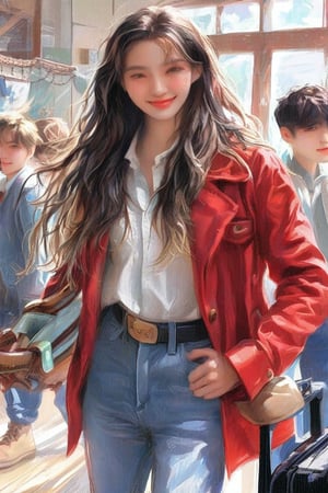 1girl, long hair, looking at viewer, smile, blonde hair, brown hair, shirt, black hair, long sleeves, holding, closed mouth, standing, jacket, full body, white shirt, multiple boys, shoes, solo focus, collared shirt, belt, pants, indoors, lips, window, wavy hair, brown footwear, denim, red shirt, buckle, walking, jeans, belt buckle, realistic, white pants, arms at sides, shirt tucked in, brown belt, suitcase, luggage, rolling suitcase