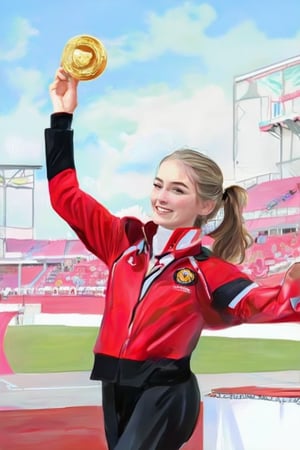 Digital painting of cute young athlete stands proudly on her pedestal, wearing red and black jacket, beaming with joy as she holds aloft a gleaming gold Olympic,Claude Monet,pastel brushstrokes,Coquette aesthetic