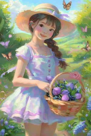 A young girl with a straw hat, tied with a pastel ribbon, wearing a light, frilly dress, holding a basket filled with freshly picked berries, lavender, and rosemary, standing in a sunlit garden, with birds, and butterflies fluttering around her
