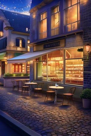 Prompt: A picturesque café, with large windows, warm light spilling out onto the cobblestone street, tables and chairs set outside, under a canopy of twinkling fairy lights, a soft breeze rustling through the potted plants, with a chalkboard menu gently swaying, creating an inviting, cozy scene,
